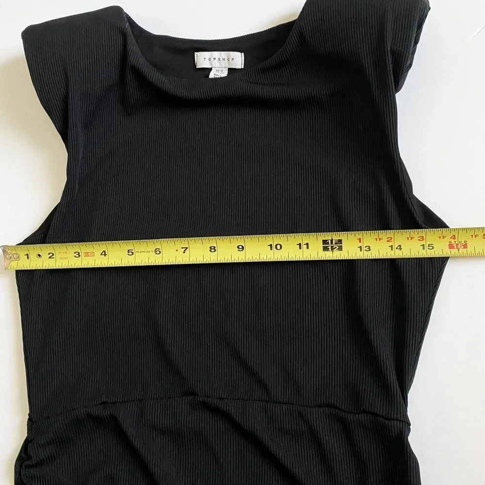 Topshop | Ruched Shoulder Pad Black Sleeveless Dress | Size 8 - Picture 10 of 11